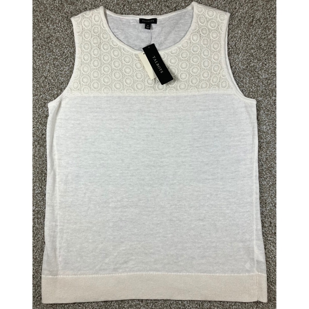 Talbots Womens Ivory Linen Crochet Lace Yoke Sleeveless Knit Top Size M NWT